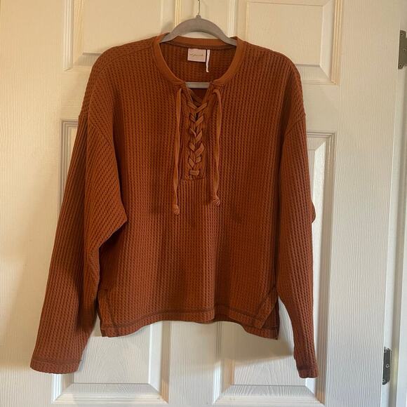 Out From Under Tops - Out From Under Waffle Lace Up Front Boxy Henley from Urban Outfitters size Small